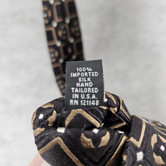 IKE BEHAR Men's 100% Silk Tie Black Tan White Hand Tailored in the USA RN 121148 - Picture 2 of 6
